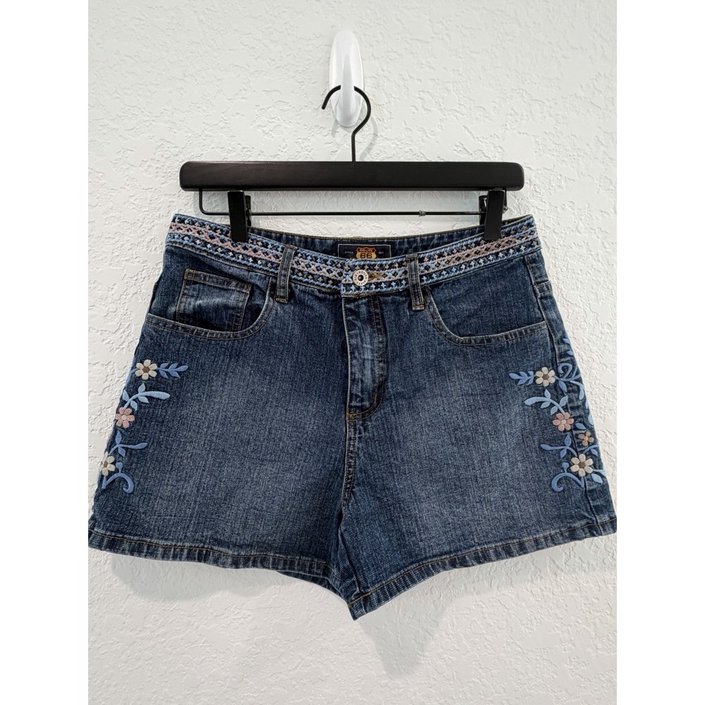 Vintage Route 66 Girls Size 10 Denim Shorts Floral Embroidered Stretch Pockets